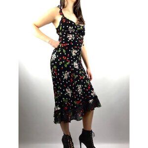 VTG Mica Mimi Maternity Y2K Cherry Floral Midi Dress Ruffle Large Black EUC